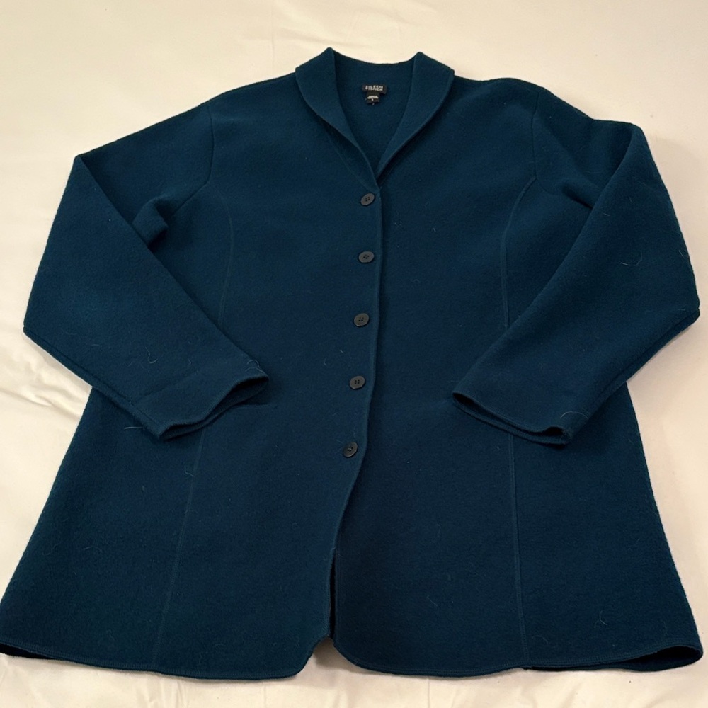 Eileen Fisher Dark Teal Wool Button Front Shawl Collar Coat L